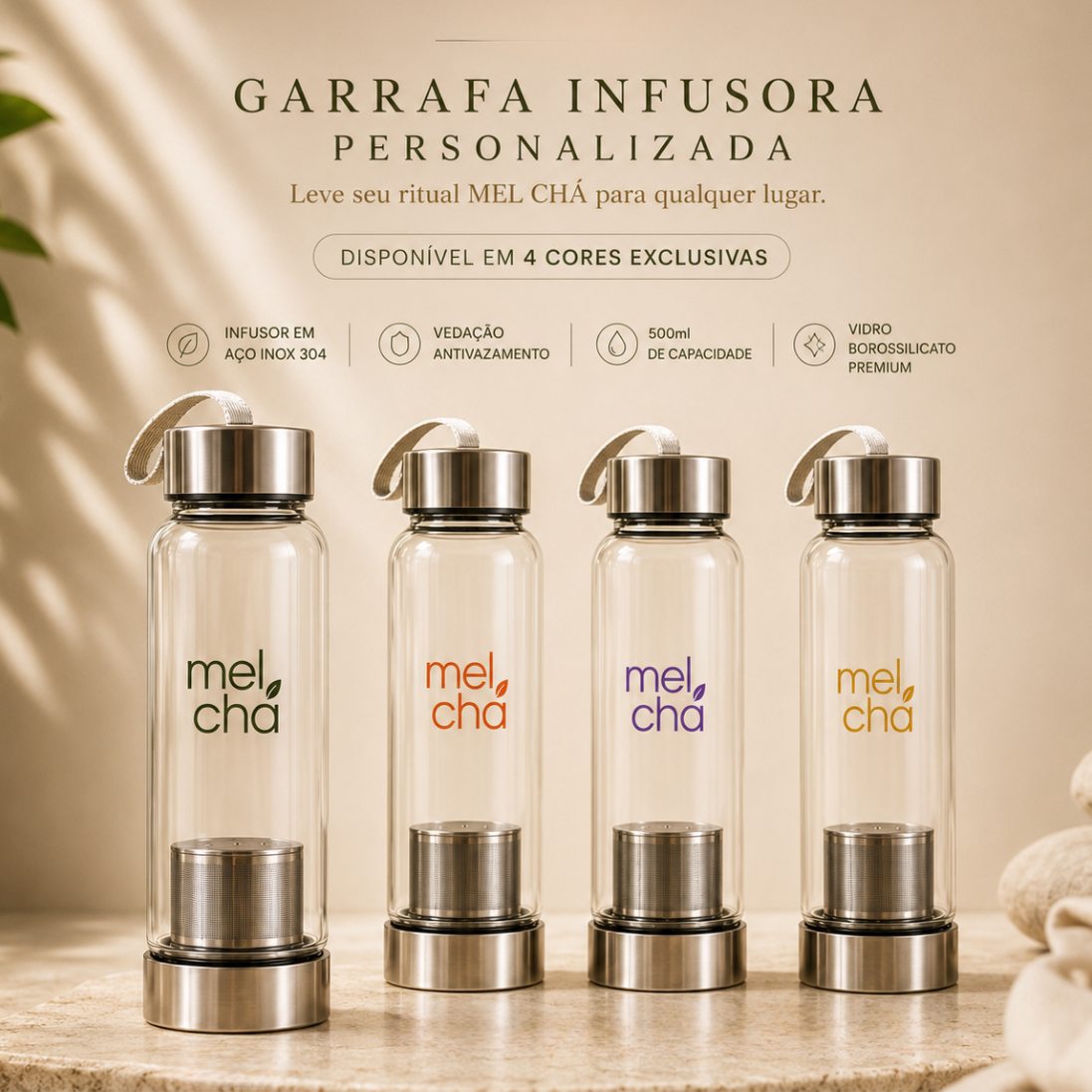 Garrafa de Vidro com Infusor Inox Personalizada Mel Chá