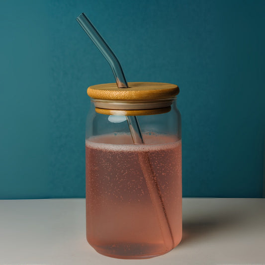 Copo de Vidro 500ml com Canudo e Tampa de Bambu