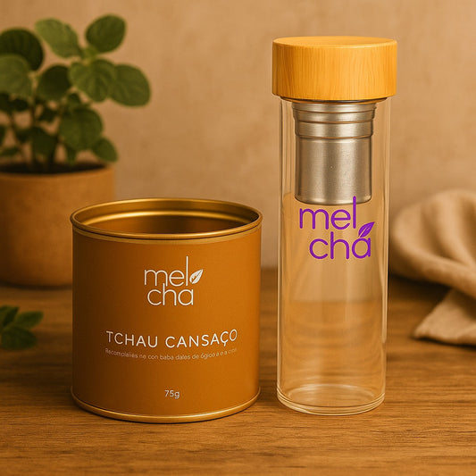 Kit Tchau Cansaço + Garrafa Infusora Personalizada Mel Chá