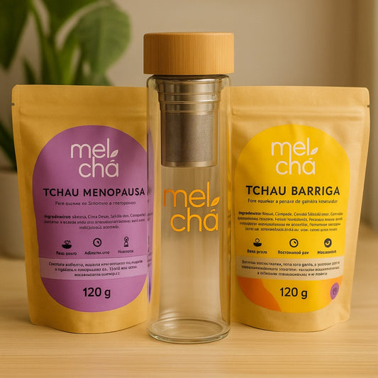 Kit Tchau Menopausa e Tchau Barriga + Garrafa Infusora Personalizada Mel Chá