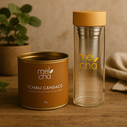 Kit Tchau Cansaço + Garrafa Infusora Personalizada Mel Chá