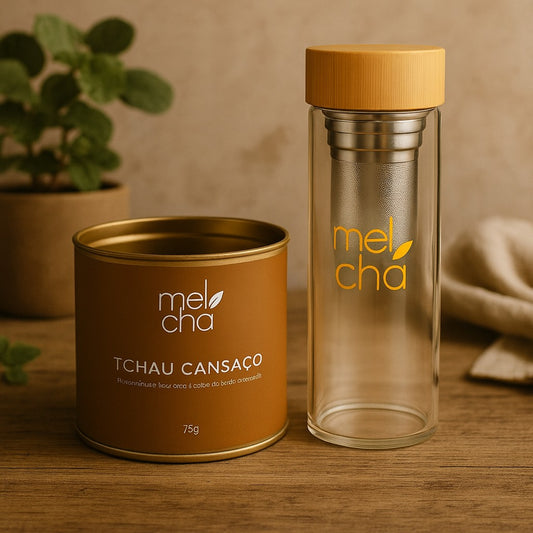 Kit Tchau Cansaço + Garrafa Infusora Personalizada Mel Chá