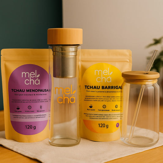 Kit Tchau Menopausa e Tchau Barriga + Garrafa Infusora Personalizada + Copo com Tampa de Bambu