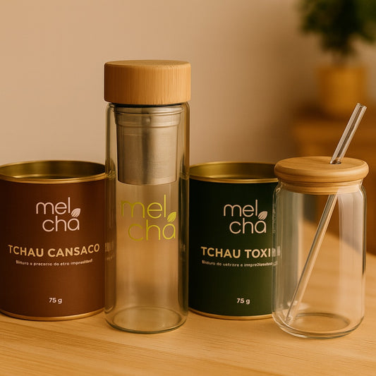 Kit Tchau Cansaço e Tchau Toxinas + Garrafa Infusora Personalizada + Copo com Tampa de Bambu