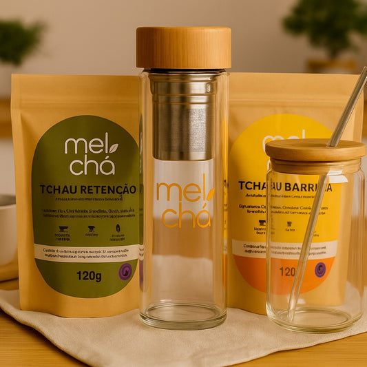 Kit Tchau Barriga e Tchau Retenção + Garrafa Infusora Personalizada + Copo com Tampa de Bambu