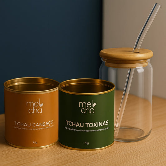 Kit Tchau Cansaço e Tchau Toxinas + Copo 500ml com Canudo e Tampa de Bambu