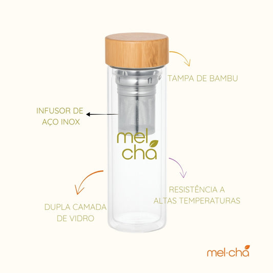 Garrafa Infusora de Vidro em Dupla Camada e Personalizada Mel Chá - 500ml