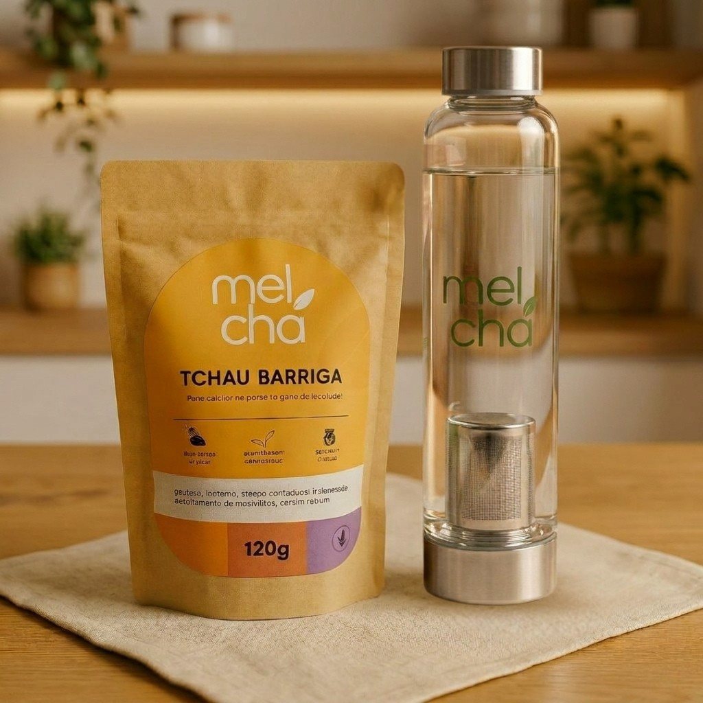 Kit Tchau Barriga + Garrafa Infusora - Chá Detox Natural que Desincha, Desinflama e Reduz Medidas