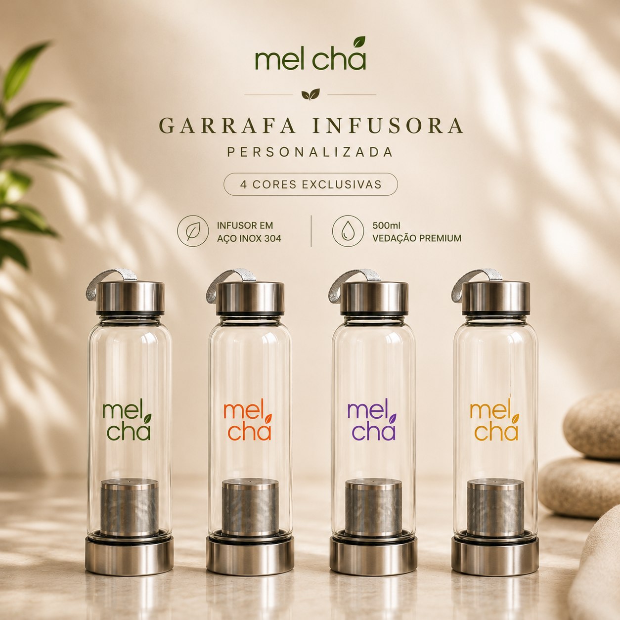 Kit Essencial Mel Chá – 6 Chás Premium + Garrafa Infusora Personalizada