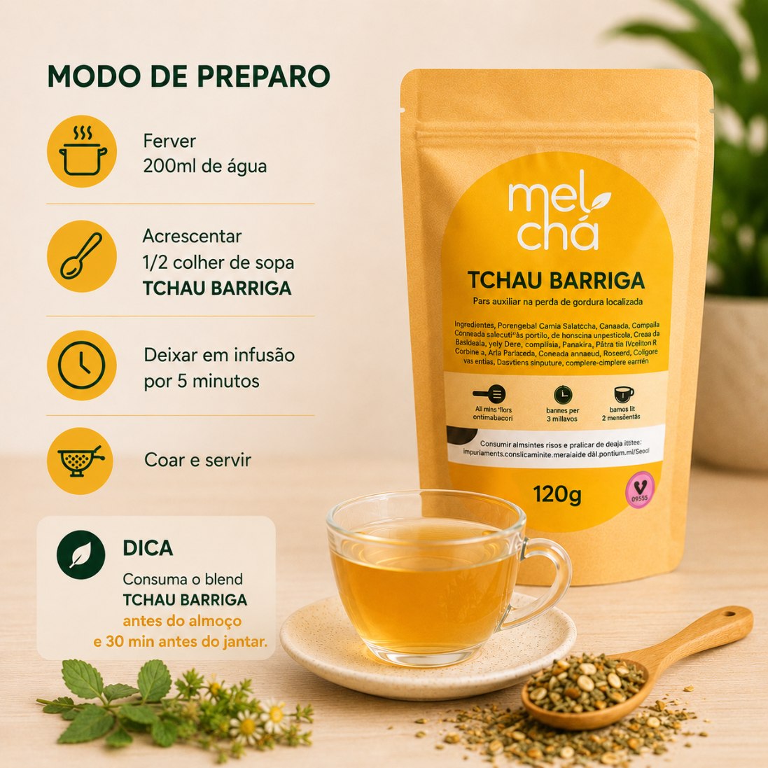 Kit Tchau Barriga + Garrafa Infusora - Chá Detox Natural que Desincha, Desinflama e Reduz Medidas