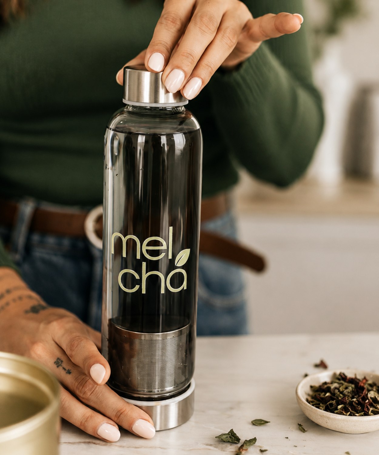 Kit Essencial Mel Chá – 6 Chás Premium + Garrafa Infusora Personalizada