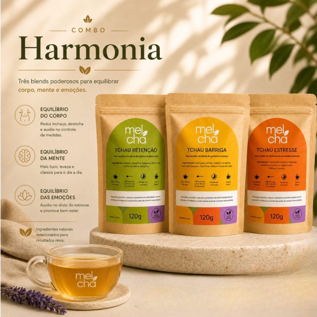 Combo Harmonia - Chás Tchau Barriga + Tchau Retenção + Tchau Estresse: Desinche o Corpo e Acalme a Mente