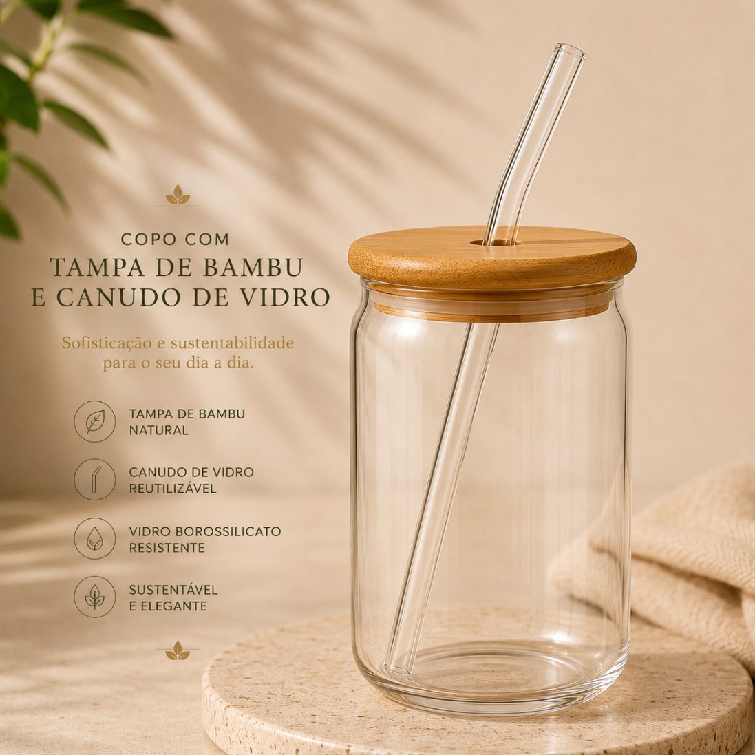 Copo de Vidro 500ml com Canudo e Tampa de Bambu