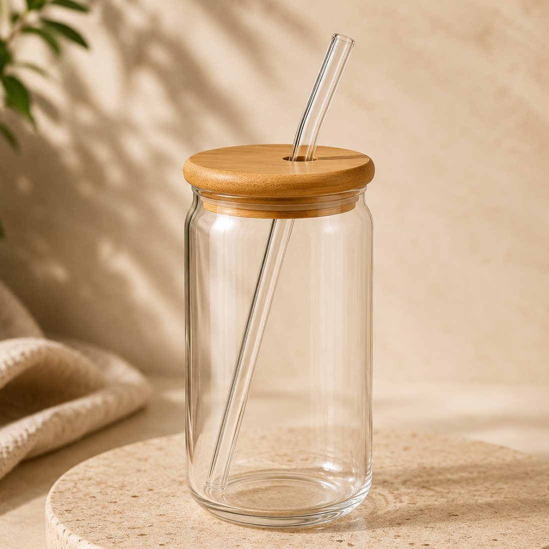 Copo de Vidro 500ml com Canudo e Tampa de Bambu