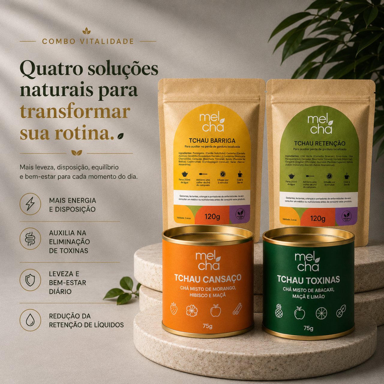 Combo Vitalidade (4 Chás Premium): Desinche, Tenha Mais Disposição e Faça um Detox Completo