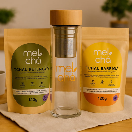 Kit Tchau Barriga e Tchau Retenção + Garrafa Infusora Personalizada Mel Chá