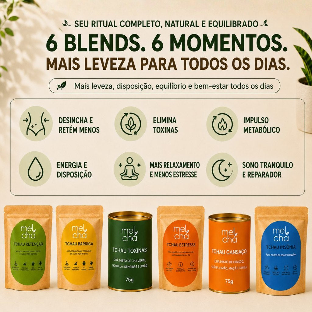 Kit Essencial Mel Chá – 6 Chás Premium + Garrafa Infusora Personalizada