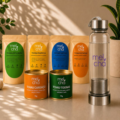 Kit Essencial Mel Chá – 6 Chás Premium + Garrafa Infusora Personalizada