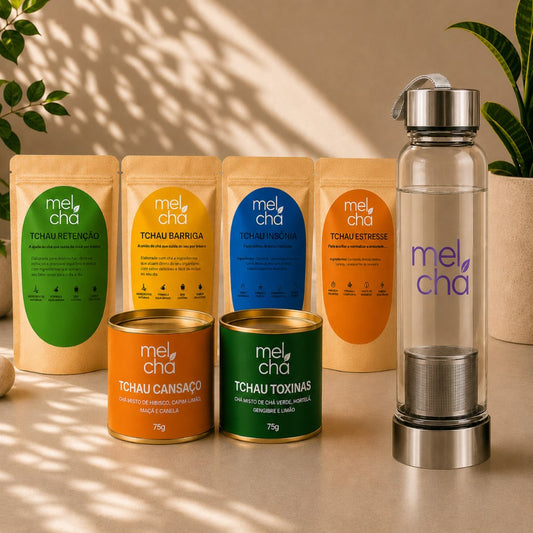 Kit Essencial Mel Chá – 6 Chás Premium + Garrafa Infusora Personalizada