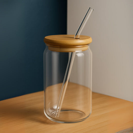 Copo de Vidro 500ml com Canudo e Tampa de Bambu